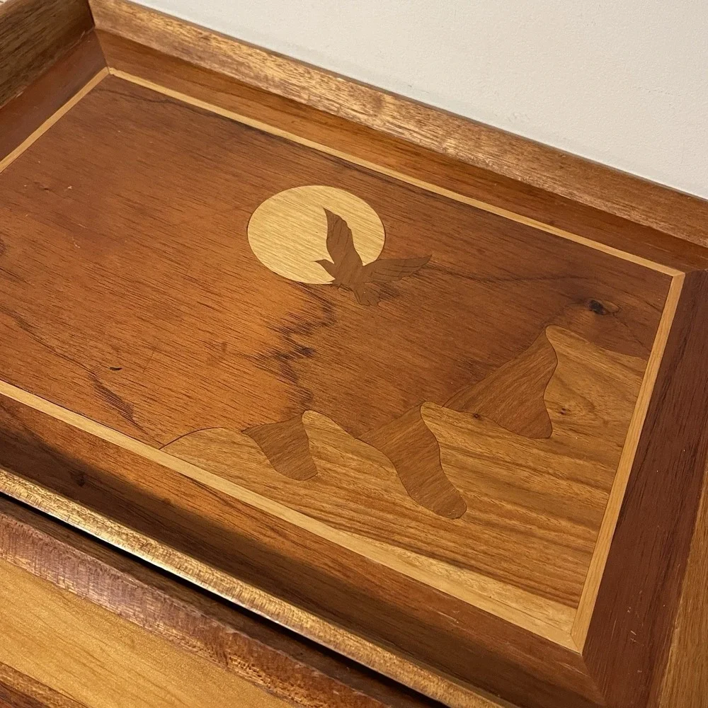 Vintage Lot Of 3 MCM Wood Marquetry Tray Inlaid Serving Platter Danish Mod